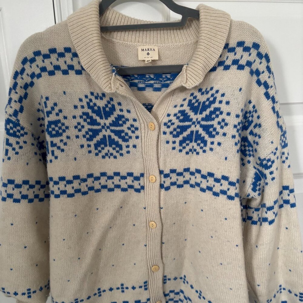 Marea Cream & Blue snowflake cardigan